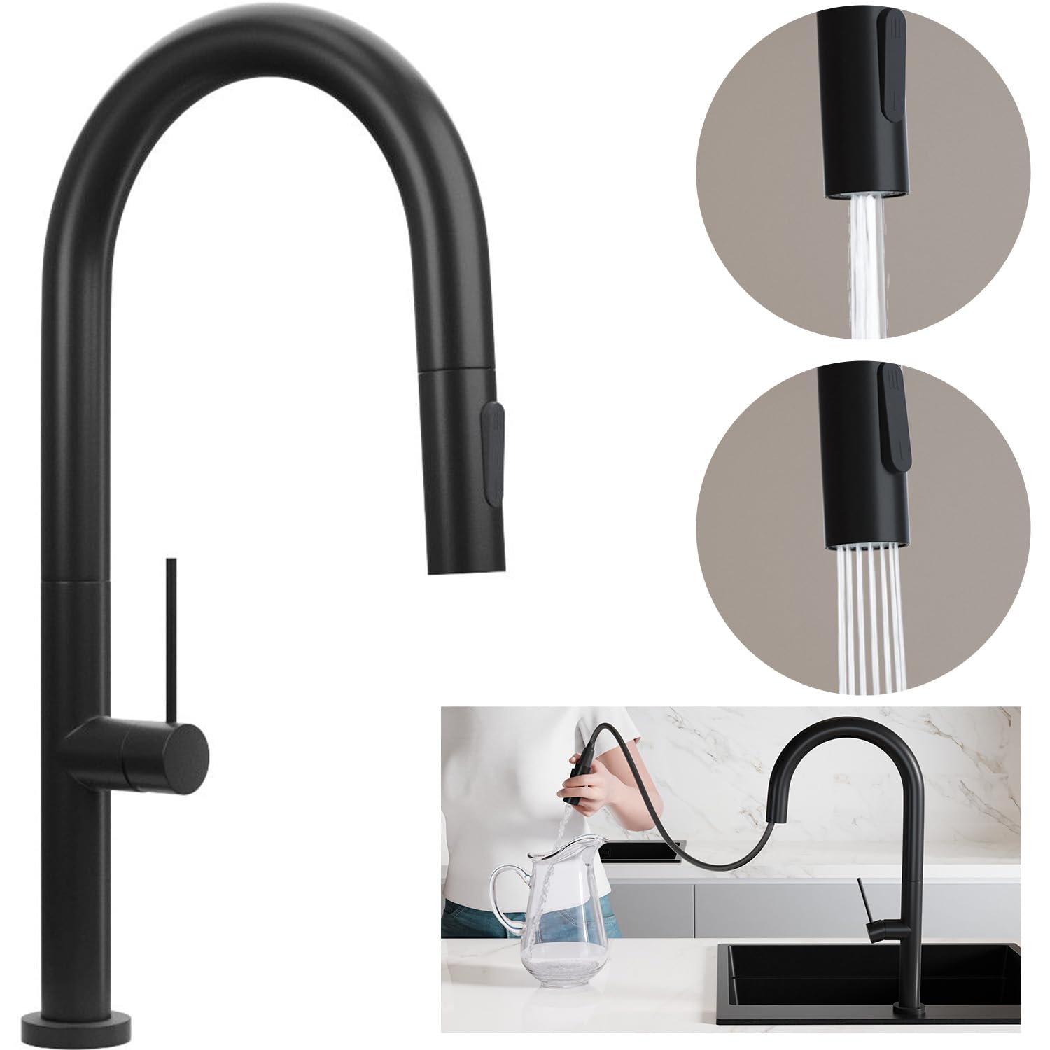 PRIMAGRAN Grifo de cocina 9020 negro con dos tipos de chorro, Grifo de alta presión, Grifo de Fregadero con caño extraíble