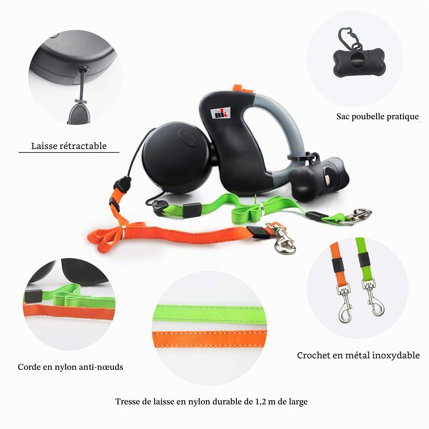 Laisse de Chien Rétractable Automatique Double pour 2 Chiens Extensible à 3 m 22.7kg par Laisse 15 pcs Sac pour Chien Noir Unie 300 cm