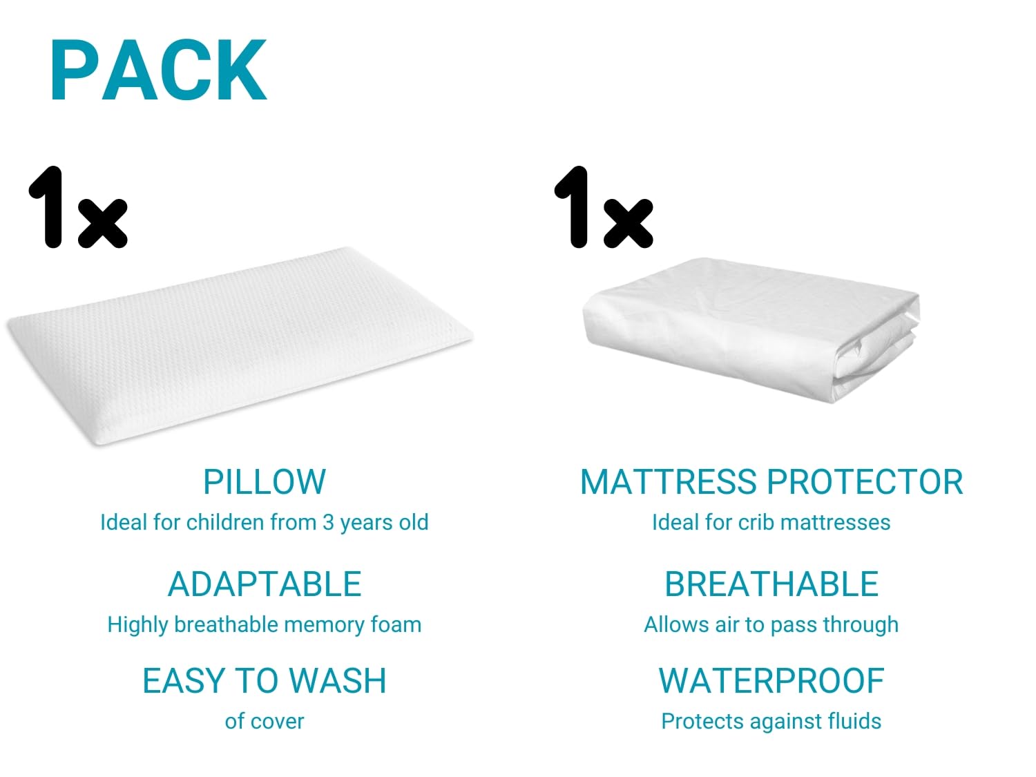 DORMISSIMO Pack Almohada Junior 80X35X6 cm de viscoelástica + 1 Sábanas Protectoras 80X190/200 cm