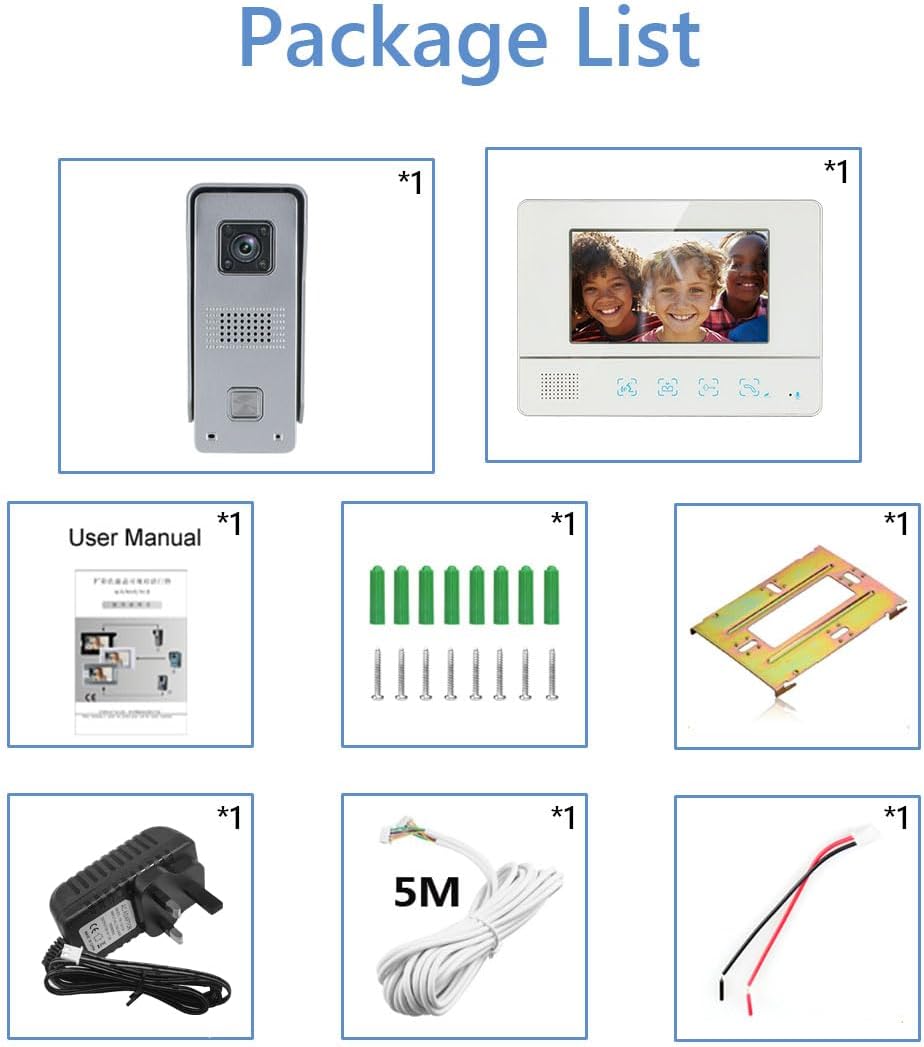 Back view of the indoor monitor showing connection ports and bracket, with dimensions and front view labels for LCD, speaker, and control icons.