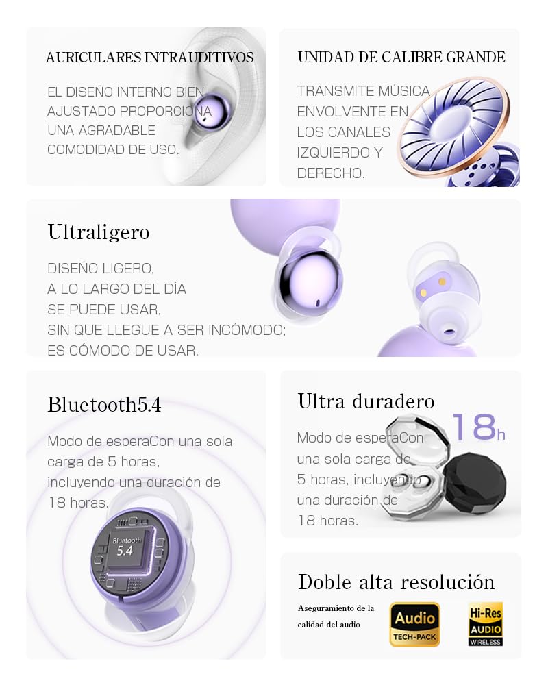 Auriculares Bluetooth 5.4 para Dormir, con Tapones de Silicona, ultracompactos, diseño Separado, monocanal/bicanal, Aislamiento acústico, compatibles con iOS/Android.(Morado)