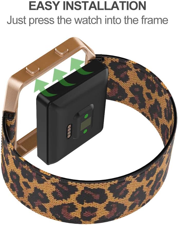 Bands Compatible with Fitbit Blaze Smartwatch,Elastic Wrist Band with Meatl Frame Replacement for Fitbit Blaze.Fit for 6.0-6.4 Inch Man Women's Girls' Wrist (6.0-6.4'', Leopard Band +Rose Gold Frame)