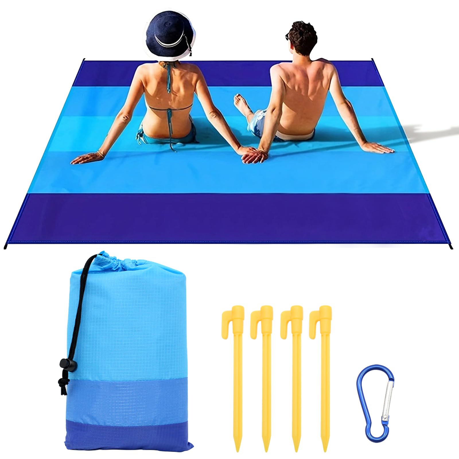 Koc plażowy, mata plażowa, wodoodporny koc 210 x 200 cm, gradient niebieski, cztery stałe narożniki, nadaje się na plażę, kemping, piknik i inne zajęcia na świeżym powietrzu