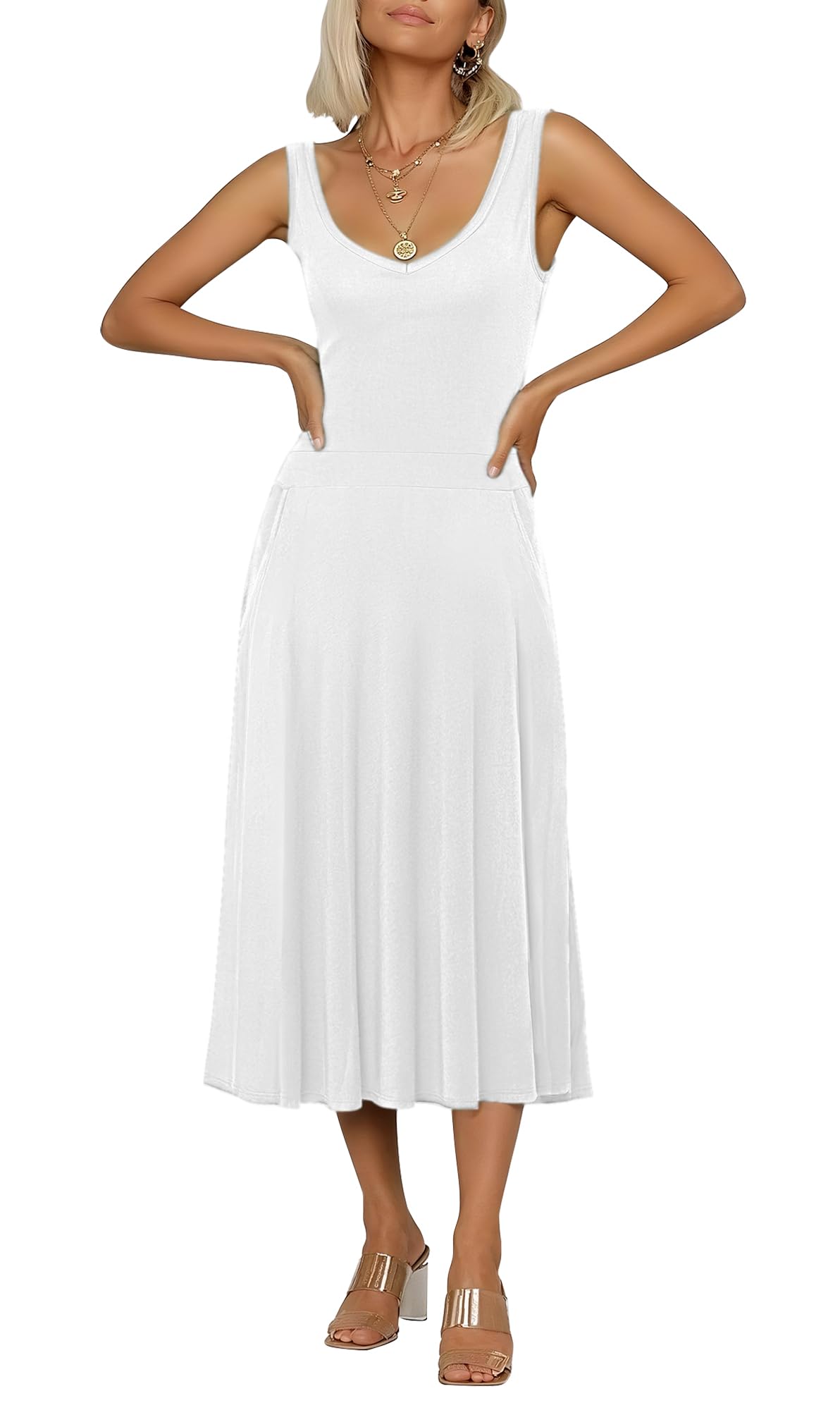 Urban CoCo Women's Summer Casual Sleeveless Flared Midi Dress Swing T-Shirt Dresses with Pockets