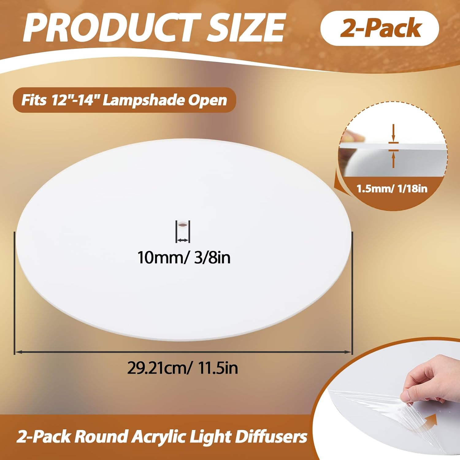 Retisee 2 Pcs Round Lamp Shade Diffuser 11.5" Diameter with 3/8" Center Hole White Acrylic Disc Lamp Diffuser for Drum Style Lampshades Pendants Softening Light, Fits 12-14" Openings