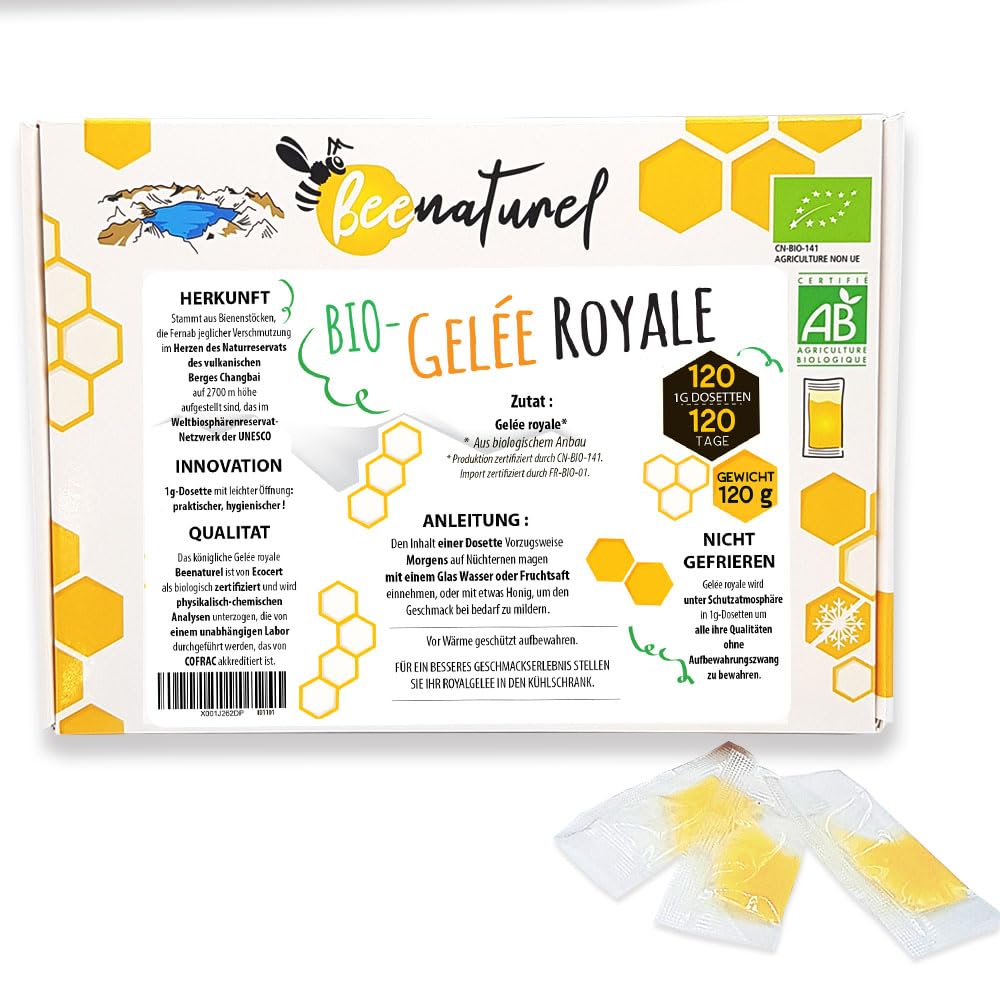 Bio Gelée Royale 120g | 120 Dosiersticks à 1g | 4-Monats-Winterkur | Frisch & rein aus Frankreich | Für Erwachsene & Kinder | 100% natürlich