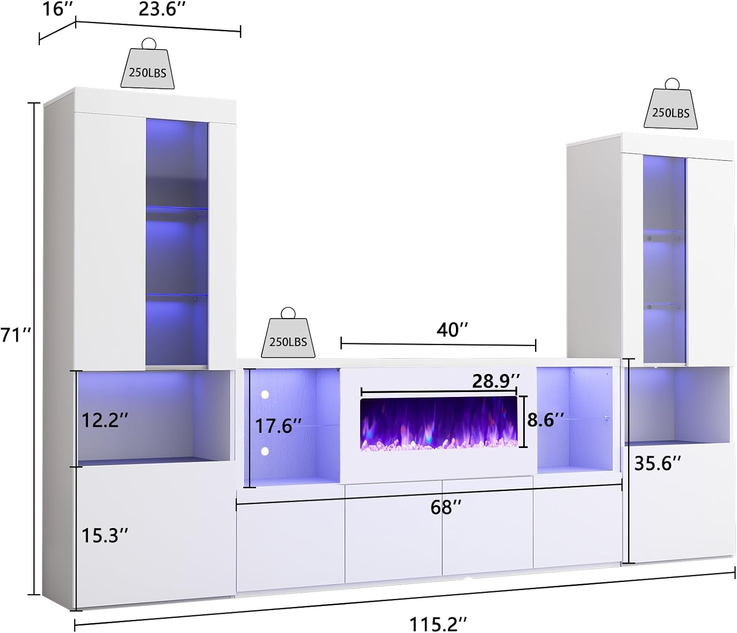AMERLIFE 3 Piece Modern High Gloss Fireplace TV Stand + Bookcase Set for Living Room Includes 68