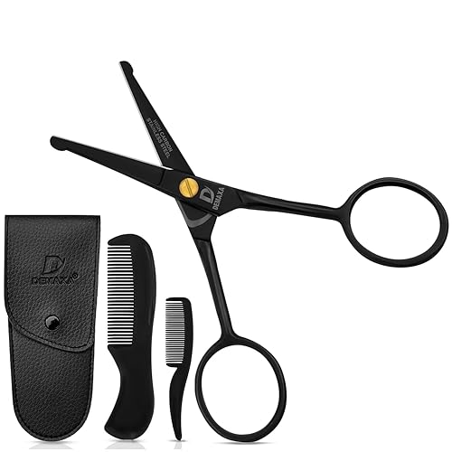 Tijeras profesionales para bigote con 1 peine para bigote, 1 peine de barba y bolsa suave, tijeras de seguridad de punta redonda de 4.5 pulgadas