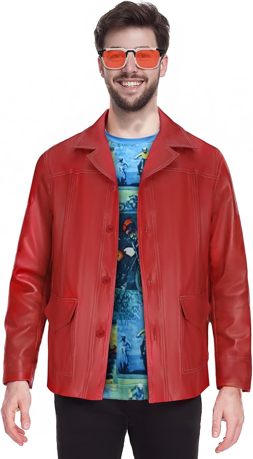 Tyler Durden Red Leather Jacket Men Halloween Cosplay Costume Outfit Motorcycle Racer Jacket with Shirt Sunglasses