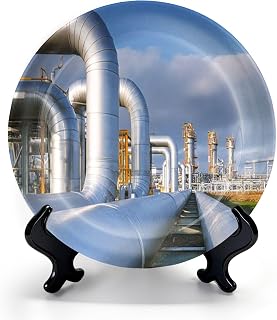 HABEN ARTWORK Decorative Ceramic Plates for Display with Stand, 8" transport crude oil to refinery pipelines buildings chemical Dinner Plate for Wall Hanging Tabletop Decor Home Housewarming Gifts