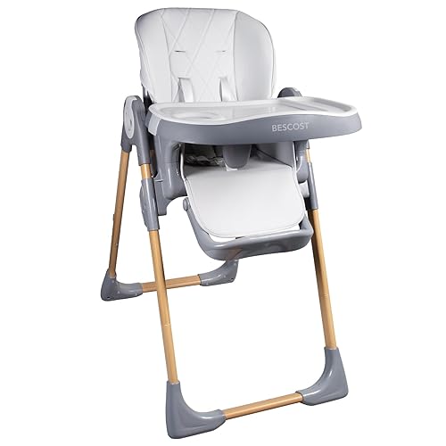 BESCOST Silla alta para bebés y niños pequeños, silla alta plegable con respaldo ajustable, reposapiés y altura del asiento, bandeja extraíble,