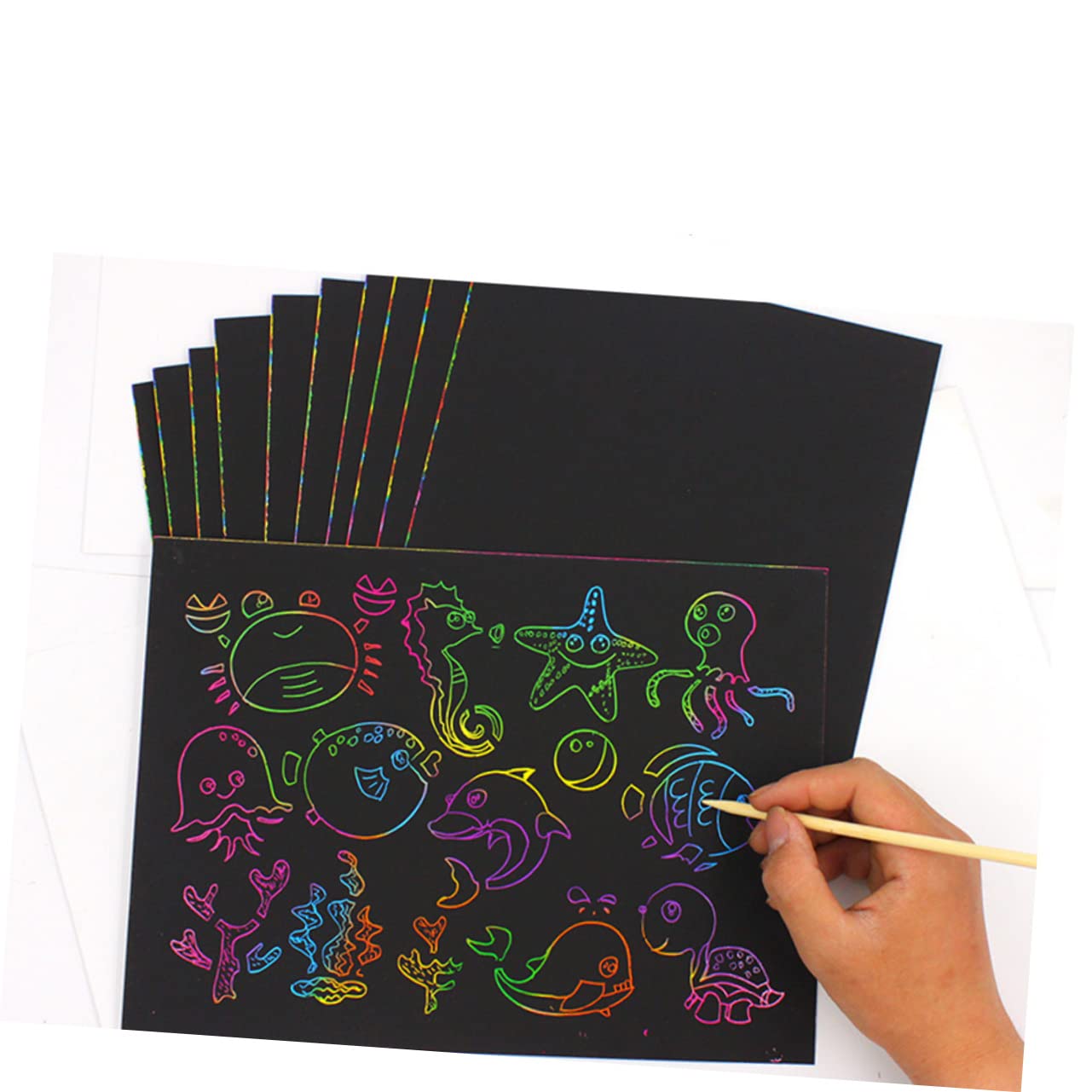 HANABASS 55pcs DIY Scratch for Scratch Paper with Wooden Stylus for Crafting Drawing and Creative Exploration