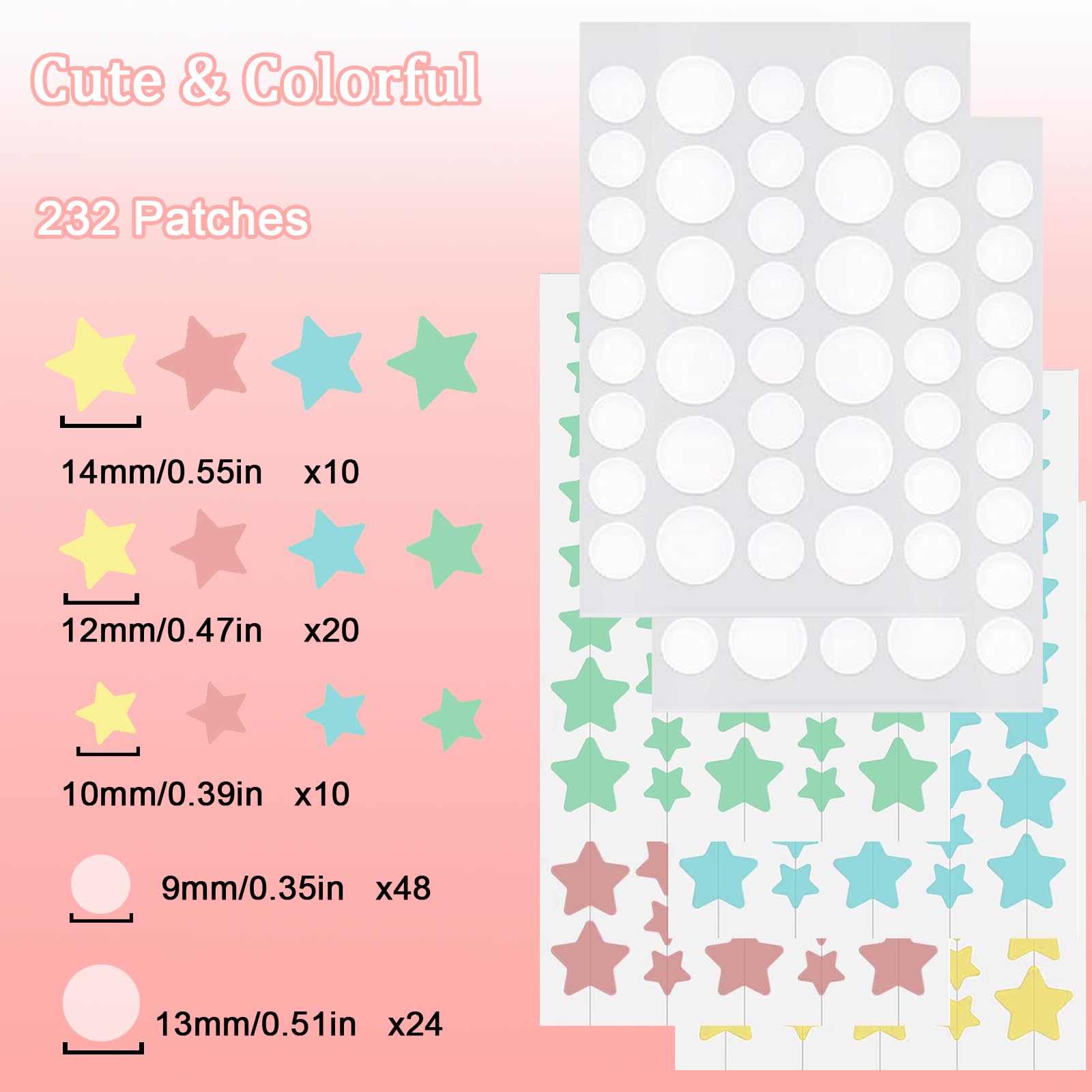 Absorptions Acne zestaw łatek na pryszcze, 232 sztuki, hydrokoloidowe łatki przeciw pryszczom, wodoodporne, oddychające plastry na trądzik w gwiazdki i okrągłe plastry na pryszcze, gwiazdki i