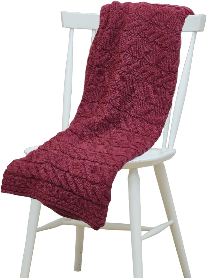 Aran Woollen Mills Irish Cable Knit Blanket Supersoft Merino Wool Throw Made in Ireland 40 inch x 60 inch (Jam Red)