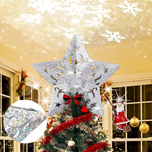 Christmas Tree Topper With 3D Snowfake Projector,Led Rotating Snowflake Xmas Ornament Light Lamp Star Shape, Hollow Glitter Sparkling White Silver Christmas Tree-Top Lighted Decoration #TOP6