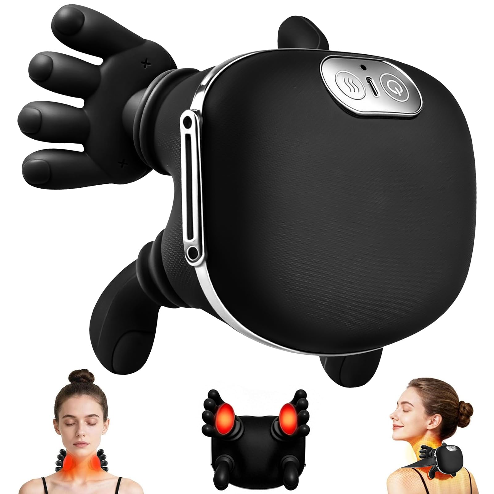 Massaggiatore Cervicale 4D Senza Fili con Calore, 3 Livelli Intensità & 2 Temperature, Allevia Dolori Collo e Spalle, Ricaricabile USB-C, Massaggiatore per Casa, Ufficio, Viaggio (Nero)