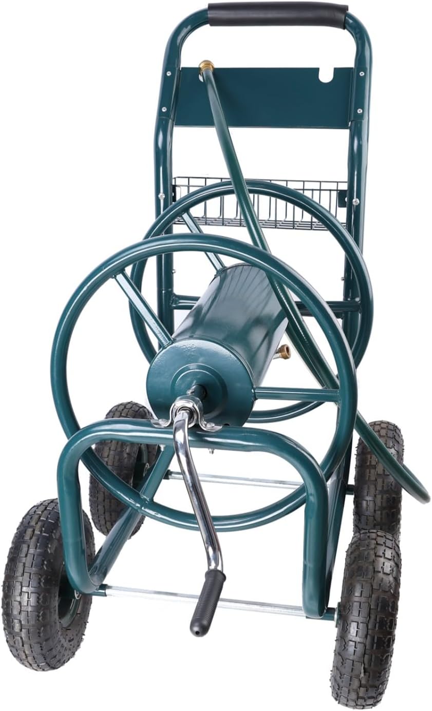 4-Wheel Garden Hose Reel Cart with Storage Basket,Heavy Duty Portable Water Hose Holder, Rust Resistant Frame, Non-Slip Handle for Lawn, Yard, and Landscaping