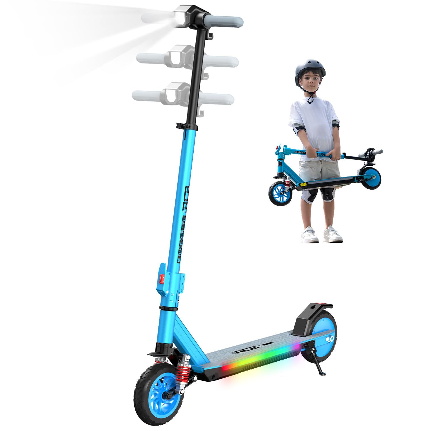 RCB R12 MAX Patinete Eléctrico Niños para 6-12 años, hasta 18km/h y 15km, 7" Plegable Patinete Eléctrico,3-Altura Ajustable，Luces de Arco Iris, Suspensión, Pantalla LED, Regalos para Niños