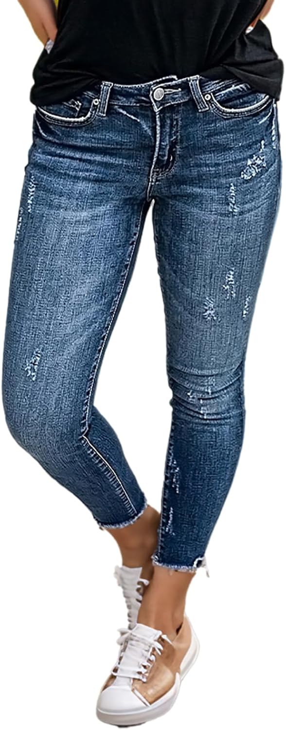 Flamingals Mid Rise Crop Skinny Jeans for Women Wash Ripped Raw Hem Butt Lifting Denim Pants