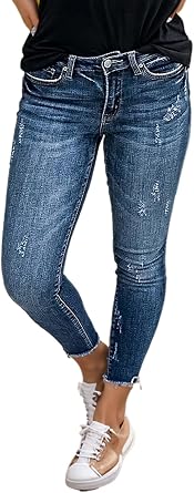 Flamingals Mid Rise Crop Skinny Jeans for Women Wash Ripped Raw Hem Butt Lifting Denim Pants