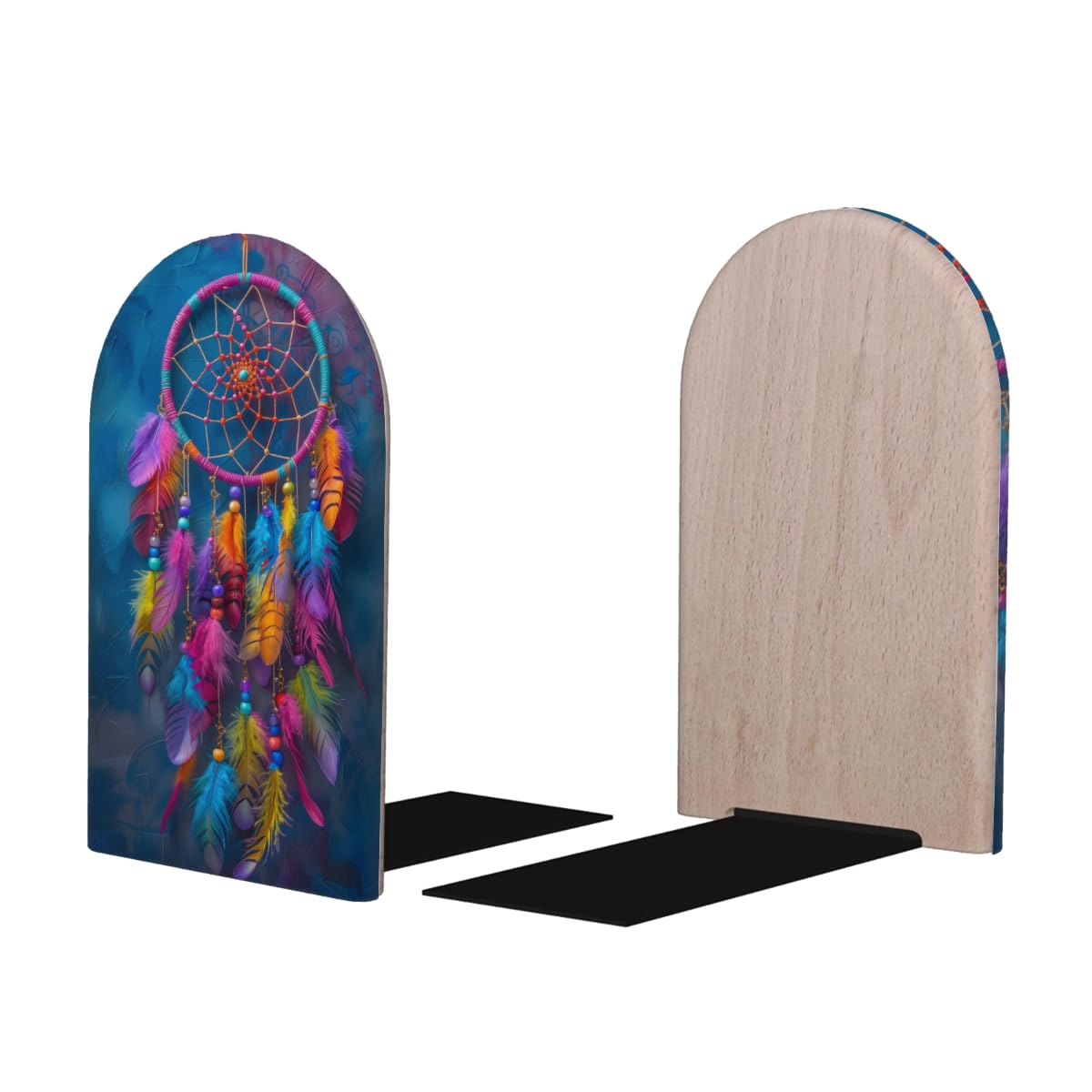 (2 PCS/1 Pairs) Wood Bookends Dreamcatcher Colorful Decorative Wood Bookends for Student School Shelves Kids Room Desk Home Office Book Stoppers for Holiding Books 5x3 Inch