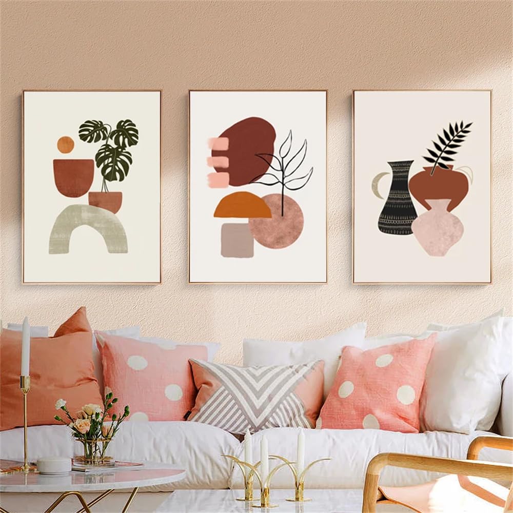 WBYZAC Art Prints-Abstract Botanical Geometric Posters Burnt Orange Color Boho Wall Art Pictures Plants Canvas Painting Prints Living Kitchen Room Decor-50 * 70cm*3PCS (No Frame)