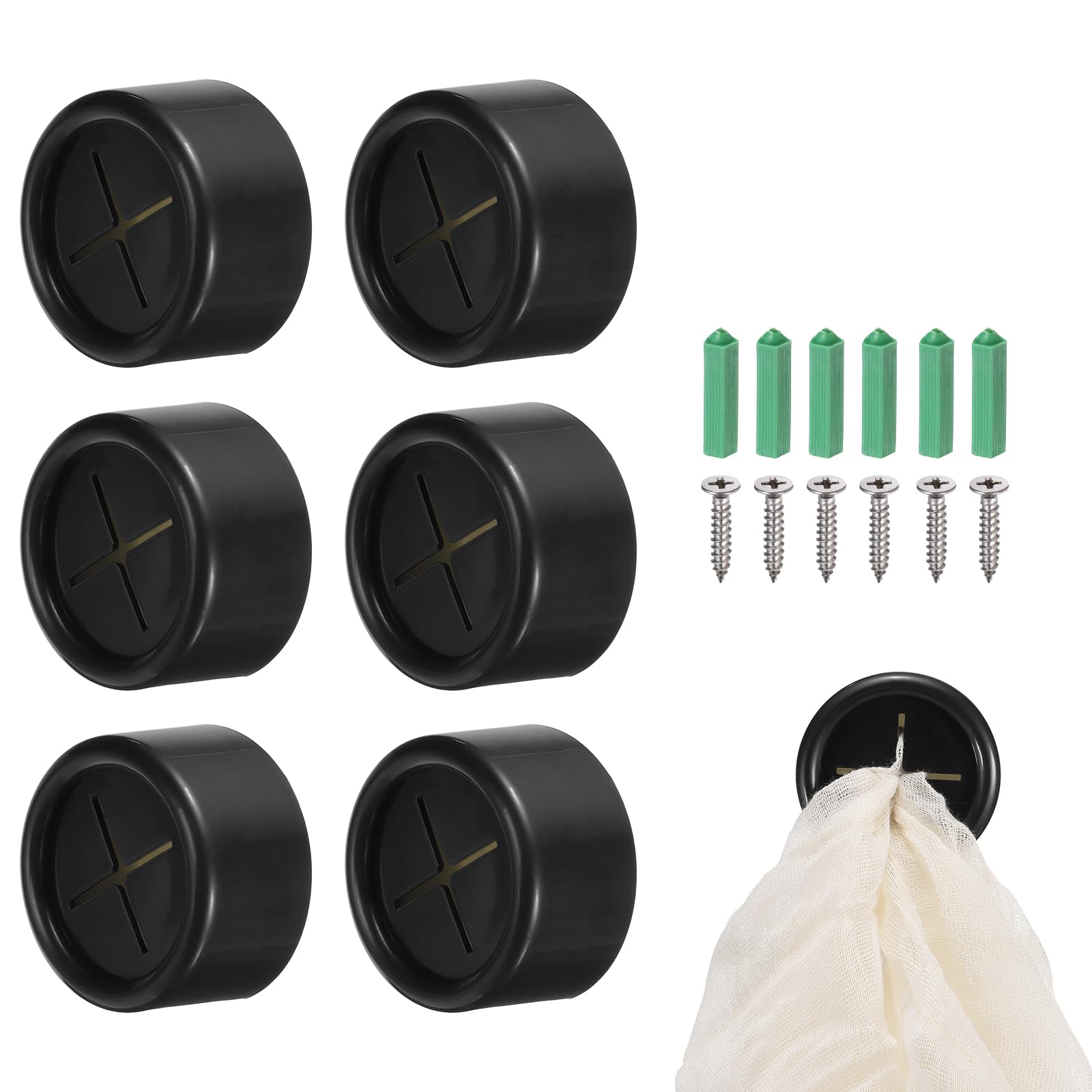 sourcing map 6 Pcs Push Towel Hooks, Round Adhesive Dish Towel Hook with Wall Plug Wall Mount Hand Towel Holder for Kitchen, Bathroom, Hand and Dish Towels, Black