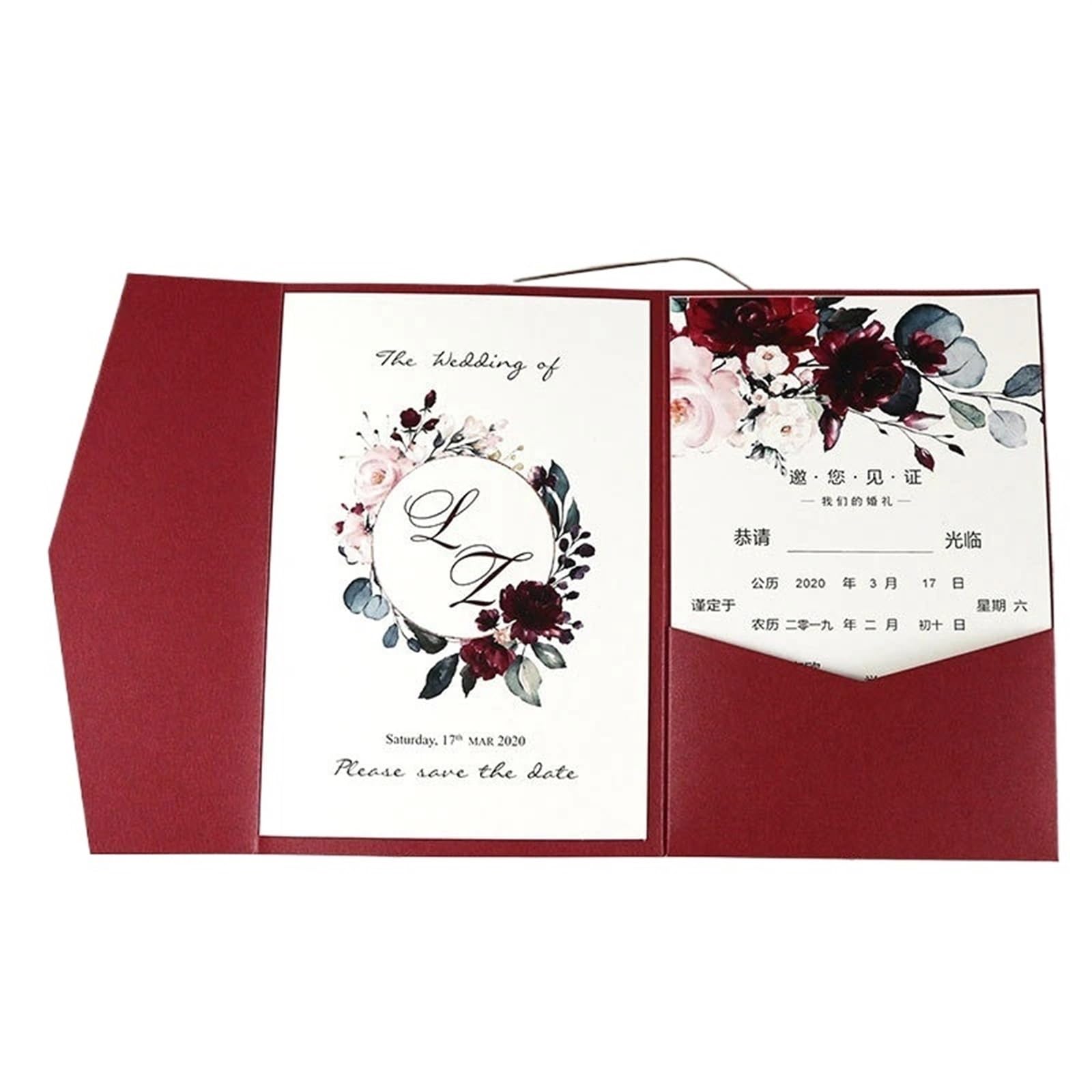 Hochzeitseinladungskarten 50 Stück bedruckte rote Hochzeitseinladungskarten, dreifach gefaltete Taschen, Verlobungs- und Heiratskarten(Dark Red,Outside Cover only)