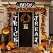 Chuangdi 4 Pieces Trick OR Treat Banner Halloween Porch Sign Outdoor Indoor Hanging Sign with Pumpkin Bat Skull Cat Spider Pattern for Halloween Gate Garden Home Party Decorations (Black)
