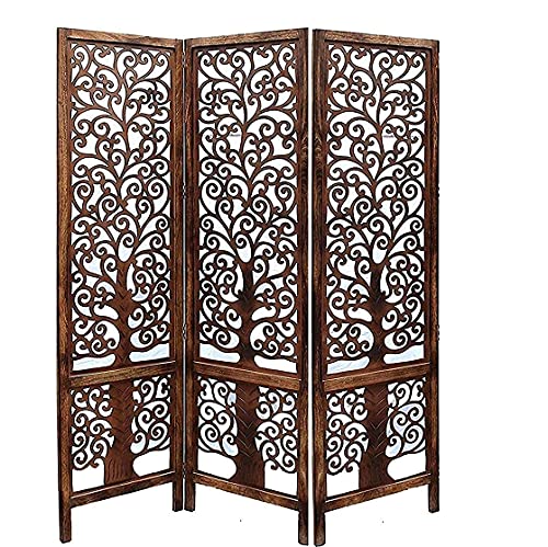 Image of Wooden Room Partition /Screen /Room Divider /Room Separator Traditional Handicrafts 6Ft (Dark Brown) (Tree 3 Panel)