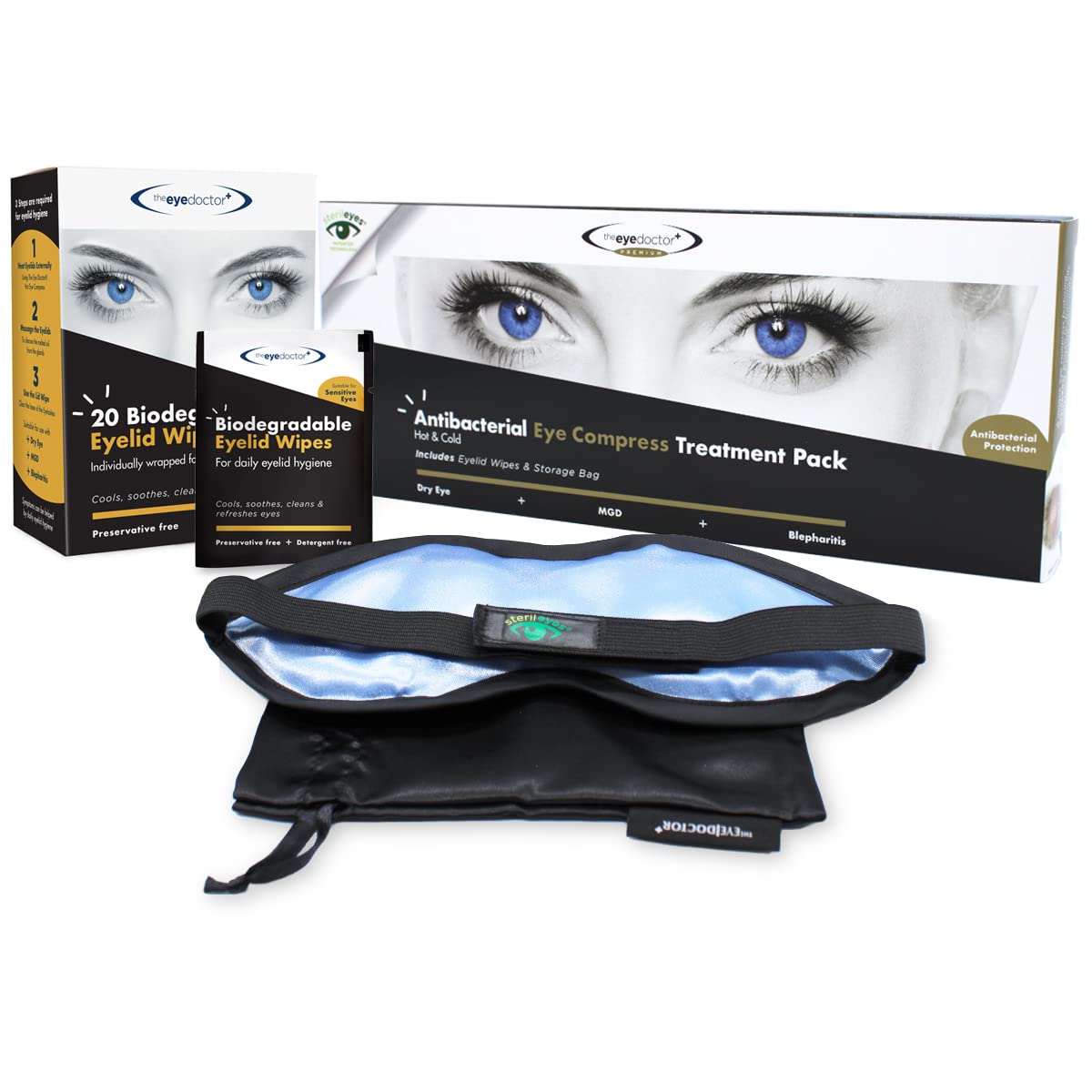 The Eye Doctor Premium Treatment Bundle - Reusable Hot Cold Eye Compress & 20x Single Use Biodegradable Eyelid Wipes for Dry Eye, Blepharitis & MGD - Microwave Safe Mask