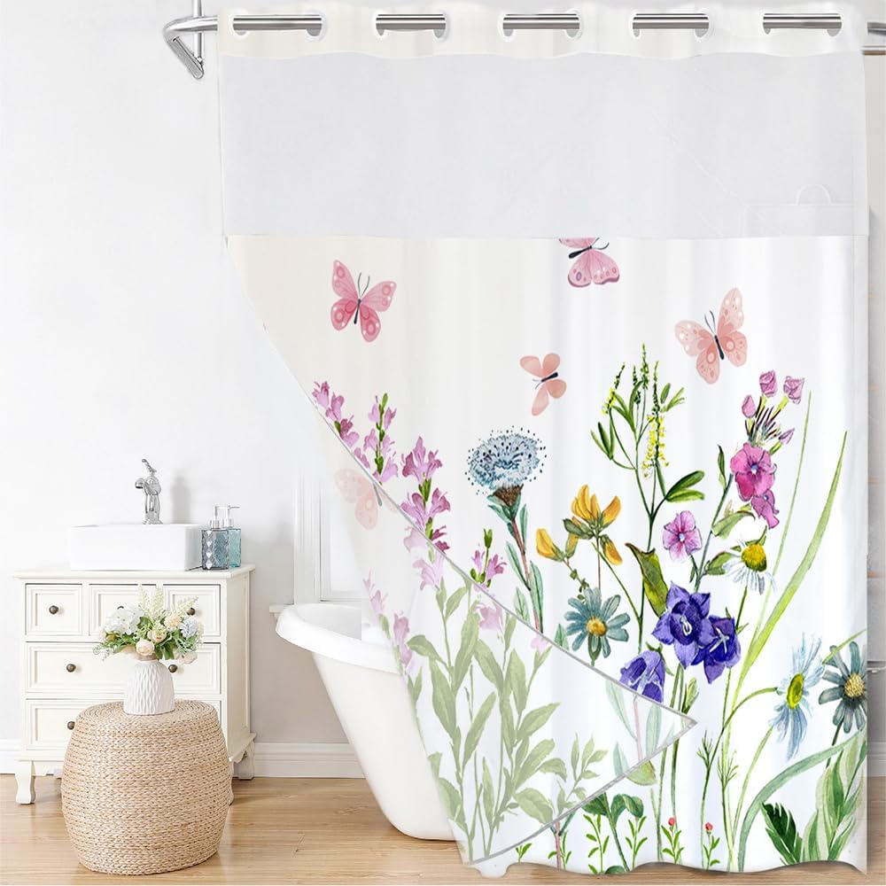 No Hook Shower Curtain with Snap in Fabric Liner Set for Bathroom Hotel Style Pink Butterfly Watercolor Floral Flower Shower Curtains with See Through Top Window Waterproof Washable 71×74 inch