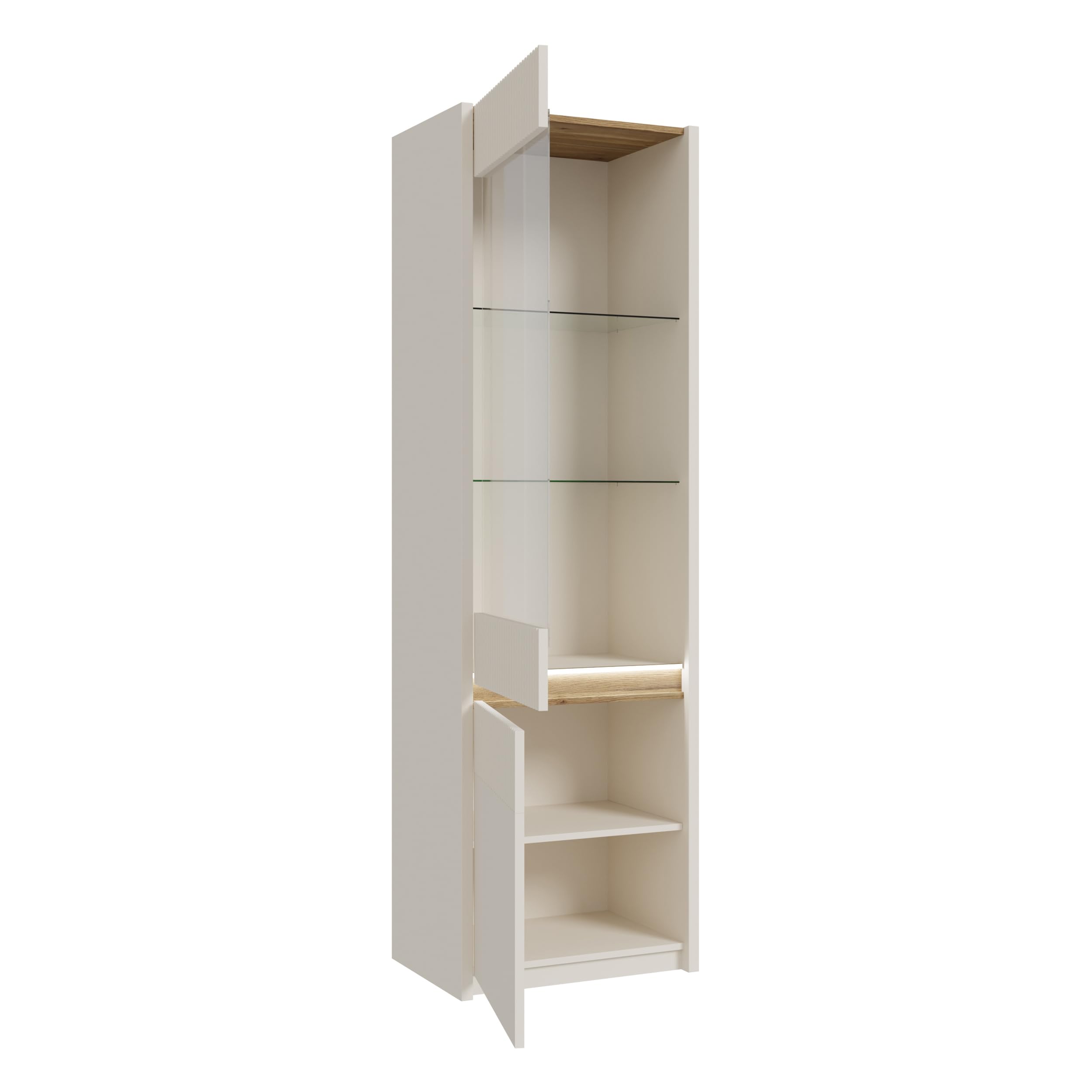 Forte Oak SQUERE Vitrine 60, Elegante Wohnzimmervitrine mit 2 Türen, Glasfront und Beleuchtung, Holzwerkstoff, Mauvella Eiche Holzdekor/Sand, 60,6 cm breit x 197,9 cm hoch x 41,5 cm tief