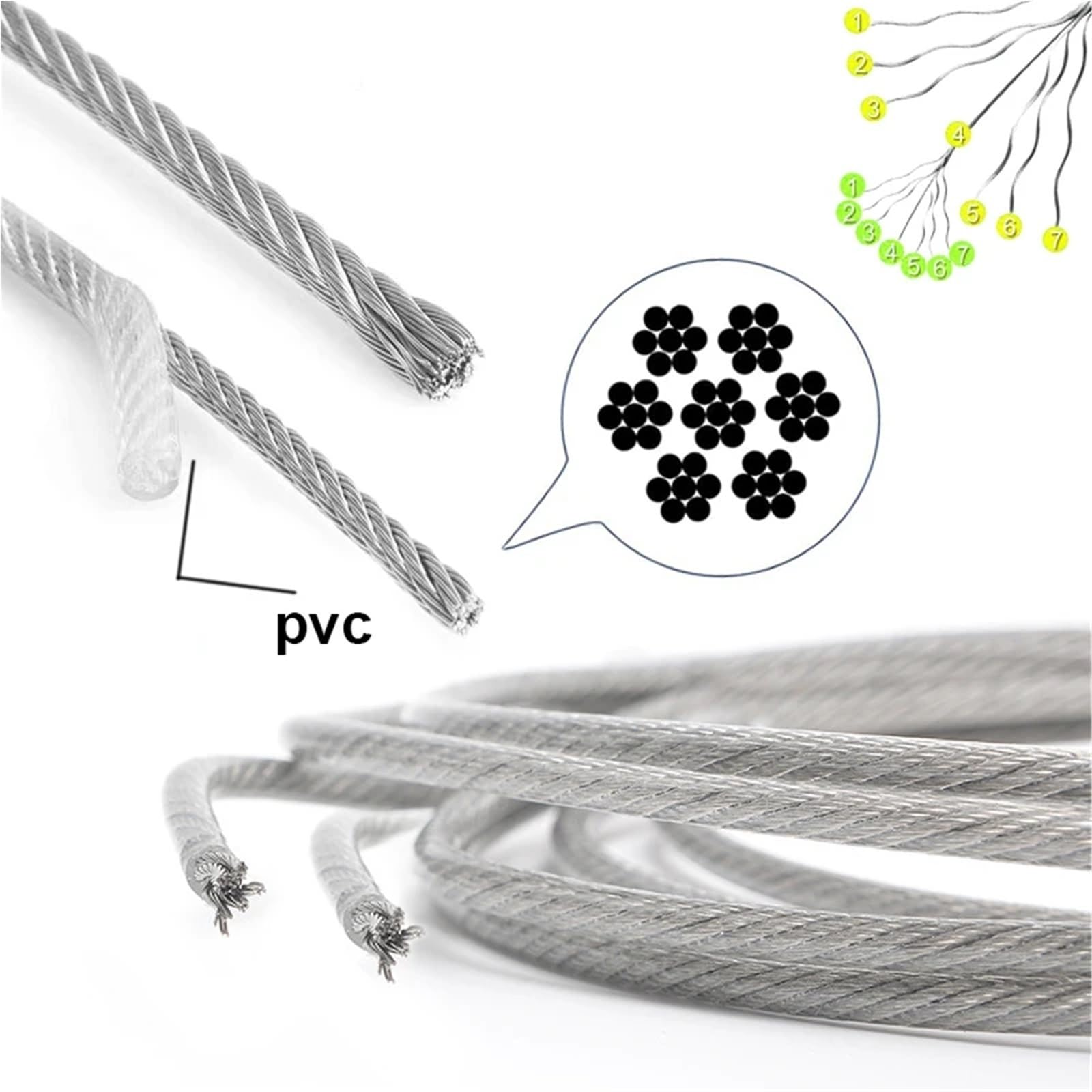 Alambre De Acero Plastificado Cable de acero inoxidable recubierto plástico 50,0 m, 7 x, cuerda goma for enrejado uva balcón