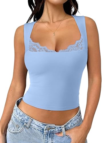 REORIA Women Summer lace Square Neck Sleeveless Tops Going Out Sexy Trendy Cropped Tank Shirts Top - Small - Blue