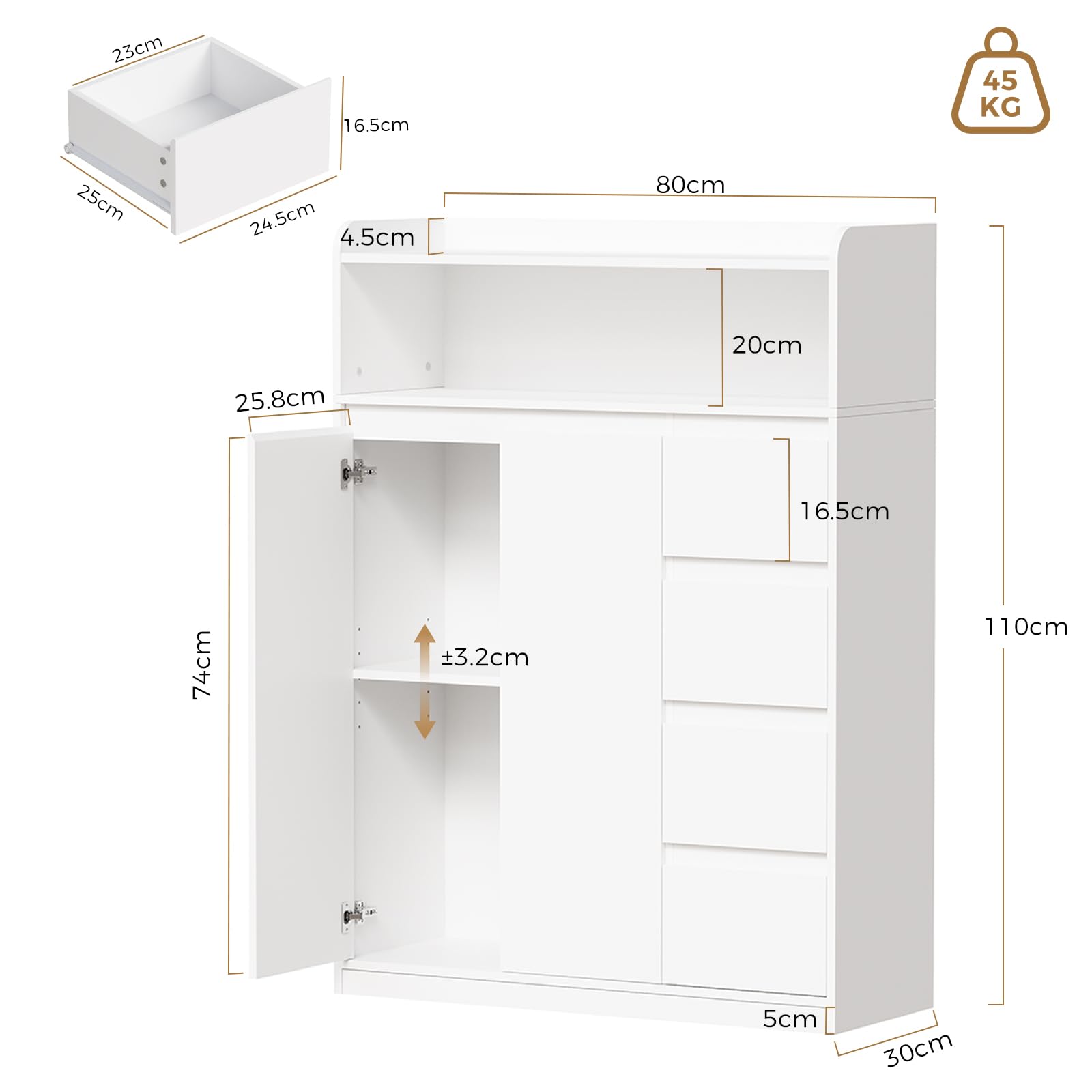ANWBROAD Badezimmerschrank, Badschrank mit 4 Schubladen, Kommode Badezimmer 2 Schranktüren und 5-lagige Verstellbarer Ablage, Kommode für Badezimmer, Wohnzimmer, Küche, 110 × 80 × 30 cm, Weiß, SBC015W