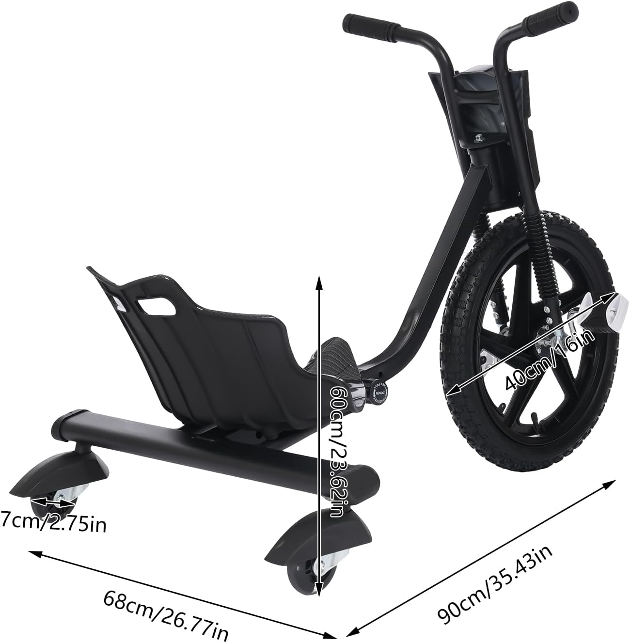 Drift Trike Tricycle for Kids Ages 6+ - Scooter Wheels with Bucket Seat - Adjustable Length, 40cm Rubber Front Wheel, Holds up to 80kg, for Drifting, Tricks, and Fun