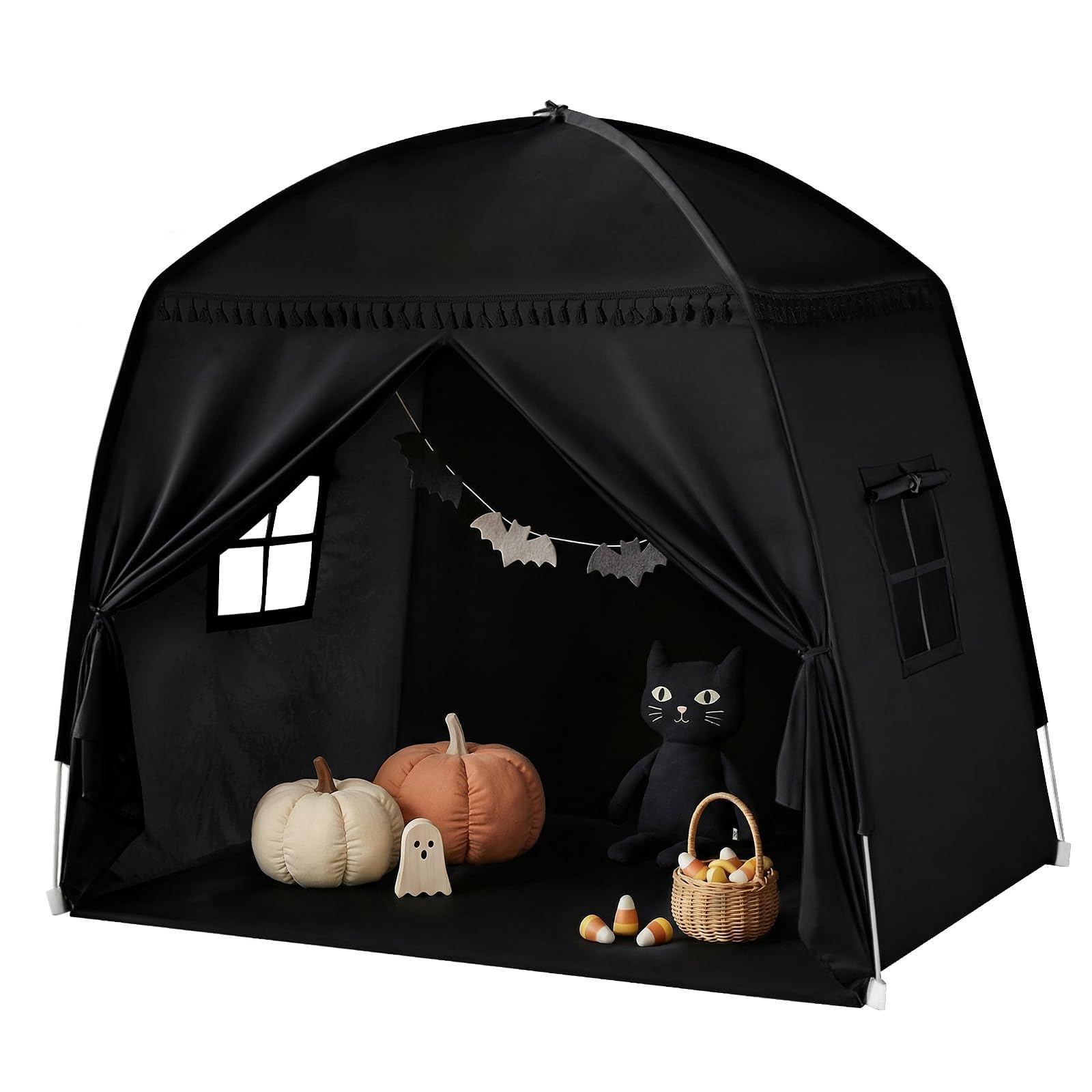 Tienda de campaña para habitación infantil: gran casa de juegos para interiores, portátil y plegable, para cama individual y litera, cueva para niños y niñas (negro)