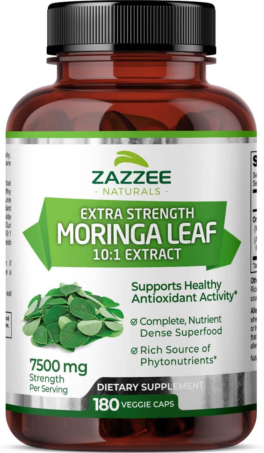 Zazzee Organic Moringa Oleifera 10:1 Extract 7500 mg Strength, 100% Pure Superfood, 180 Vegan Capsules, Potent Standardized 10:1 Extract, Concentrated Leaf Powder, Non-GMO, All-Natural, Made in USA