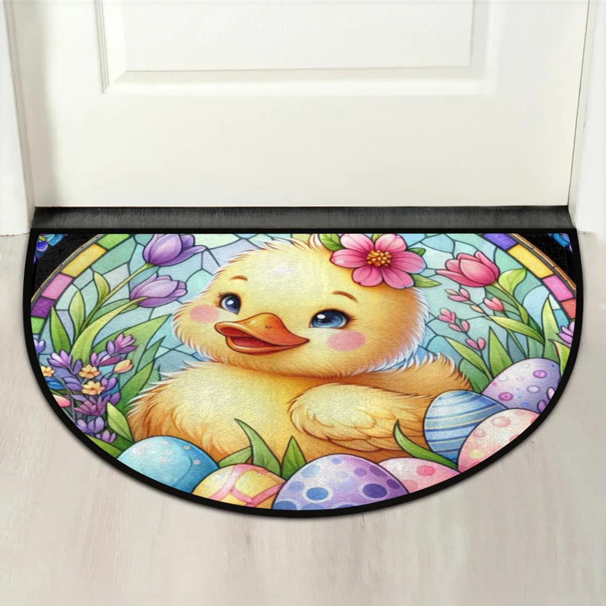 Half Round Door Flower Easter Duck Egg Mat Half Moon Rug Washable Durable Semi Circle Carpet Floor Rug for Indoor Outdoor Bathroom Kitchen Patio Hearth Laundry Room Home Decoration