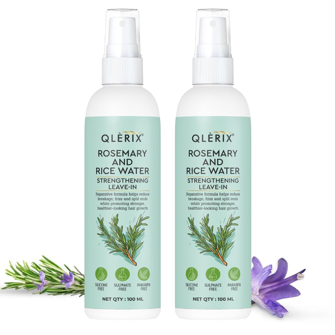 QLERIX Rosemary and Rice Water Spray for Hair Growth, Hairfall Control, Hair Thickness, Hair Strengthening & Hair Shine Leave-in Spray, Natural Ingredients, 100ml, For Men & Women All Hair Types (Pack of 2, Rosemary)
