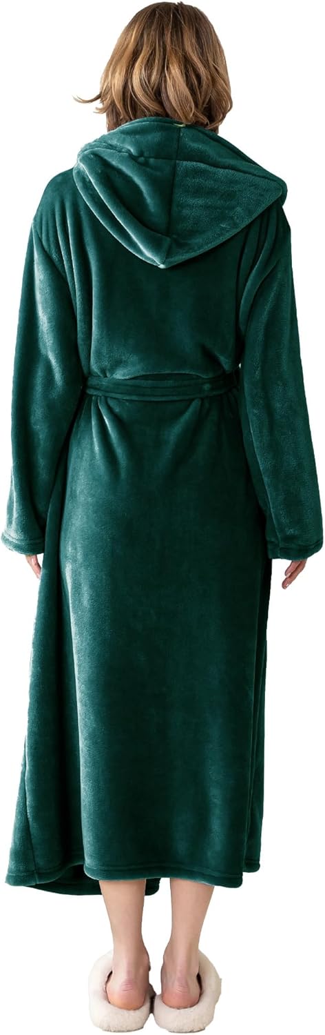 Robes for Women - Hooded Plush Fleece Bathrobe with Sash & Pockets, Full-Length Lightweight Spa Robe