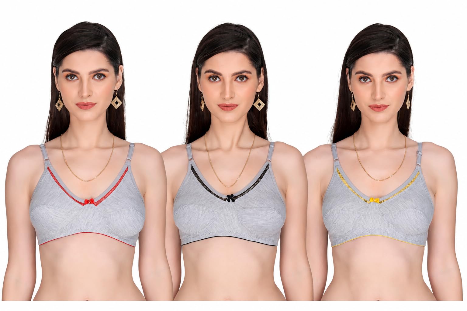 Women's Bra Soft Breathable Everyday Bra, Non-Padded Wireless, Adjustable Straps, Grey with Red Trim-image-23