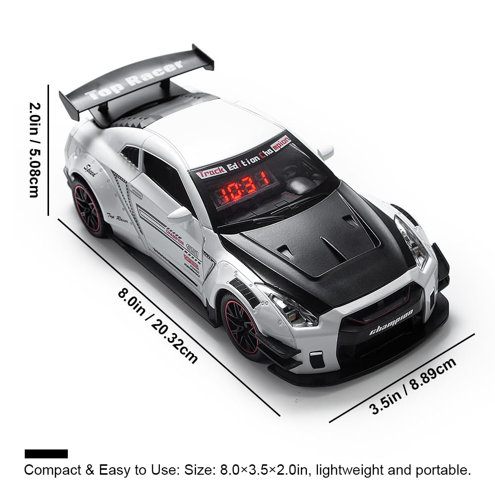 Sveglia rumorosa a forma di auto per adulti con sonno pesante con suono del motore | Hyper Car Model Digital LED Desk Decor, nebbia di scarico ed effetti di luce, auto da corsa pullback interattiva