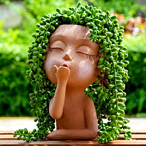 Kiss Face Planters Pots Head Planter, Small Plant Pots Outdoor Planter, Plant Pot, Face Flower Pot, Succulent Pots, Flower Pots, Face Vase With Drainage, Planters For Indoor Plants, Face Planter Brown #TOP1