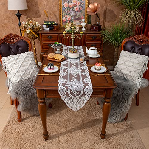 Sutavia  Lace Rose Table Runner Gauze Corded Embroidery Exquisite Dresser Scarf White Vintage Table Runners For Holiday Wedding Easter Home Banquet Dining Room Decoration Gift  #TOP1