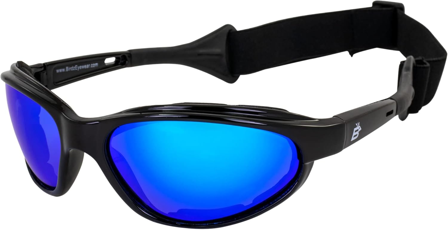 Birdz Eyewear Sail Padded Jetski Sunglasses Goggles Polarized Sports Watersports Boating Fishing for Men or Women Black Frame w/Blue Mirror Lens