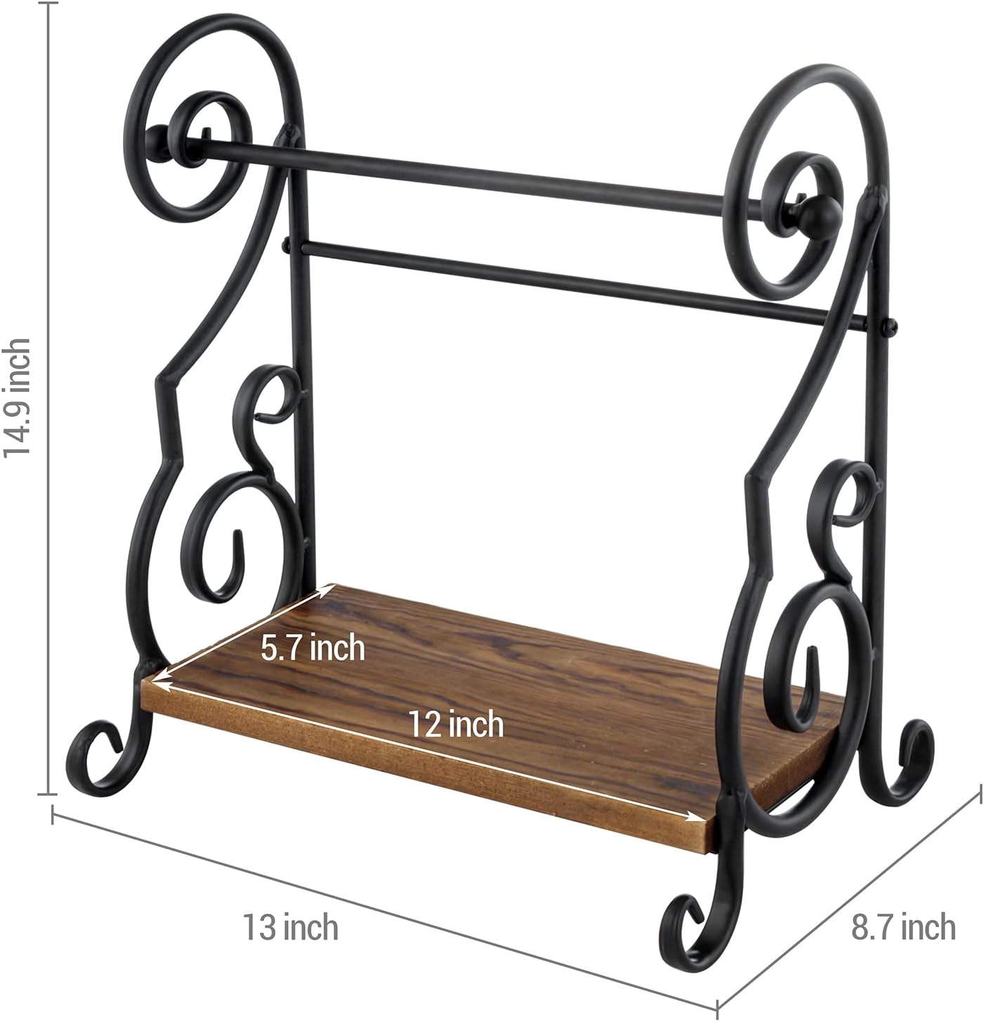 MyGift Black Metal Countertop Paper Towel Holder with Rustic Solid Burnt Wood Storage Shelf and Scrollwork Design, Easy Refill Single Roll Holder