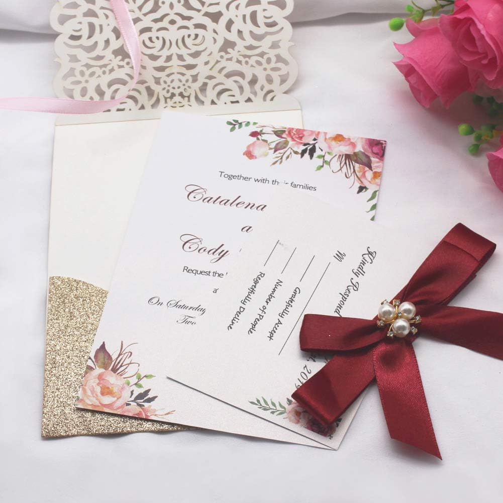 AdasBridal 25Pcs Gold Glitter Laser Cut Invitations with RSVP Cards and Envelopes Luxury Diamond and Ribbon Design with 250GSM Pearl Paper Insert For Wedding Engagement Birthday Quinceanera Invite