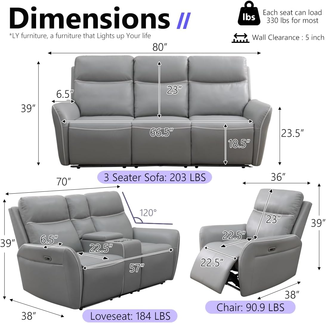 Power Recliner Sofa Set, Living Room Furniture Sets, Modern Reclining Leather Couches, 2-Piece Living Room Couch Set with Coffee Table/Charging for Home Theater/Office/RV,Light Grey Sofa+Chair